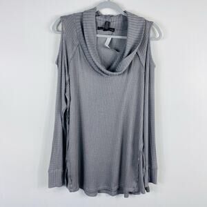 French Laundry Top Large Gray Cowl Neck Cold Shoulder Long Sleeve Waffle Stretch